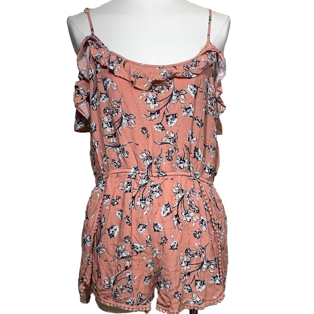 Ambiance Floral Romper Womens Large Pink Cold Shoulder Ruffle Pom Pom 69536-1
